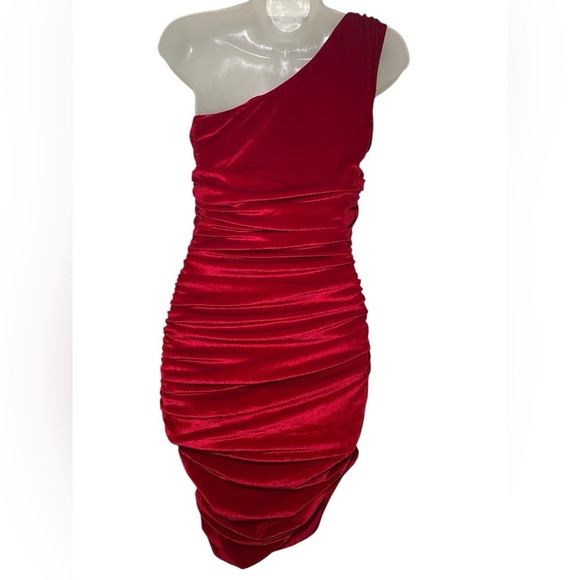 Miscreants Red Velvet One Shoulder Mini Dress w/ Gloves | Size US 6 UK 10 - Picture 3 of 9